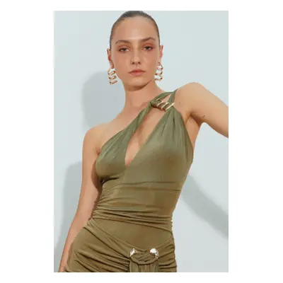 Trendyol X Zeynep Tosun Khaki Window Detailed Knitted Snake Accessory Bodysuit