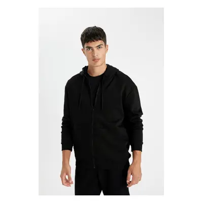 DEFACTO Men's Black Regular Fit Hooded Soft Fuzzy Inside Zippered Thick Cotton Sweatshirt Cardig