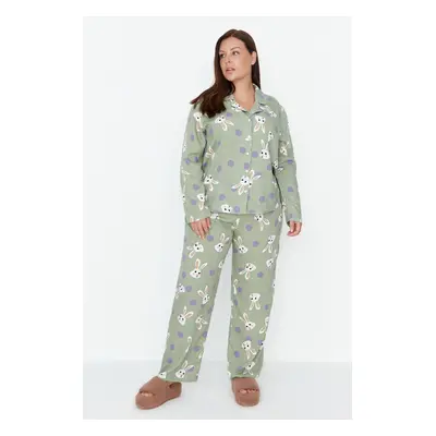 Trendyol Curve Mint Rabbit Printed Woven Pajamas Set