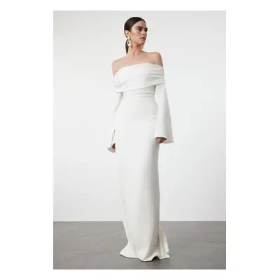 Trendyol White Carmen Collar Knitted Long Elegant Evening Dress