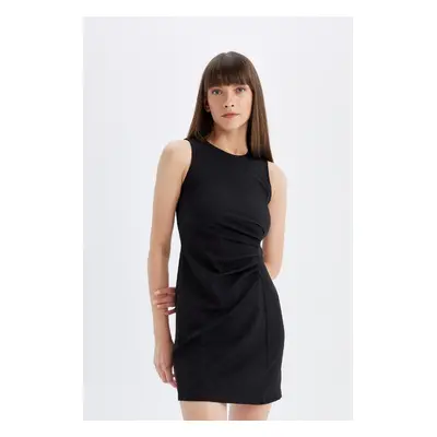 DEFACTO Bodycon Fitted Crew Neck Draped Basic Plain Sleeveless Mini Black Dress