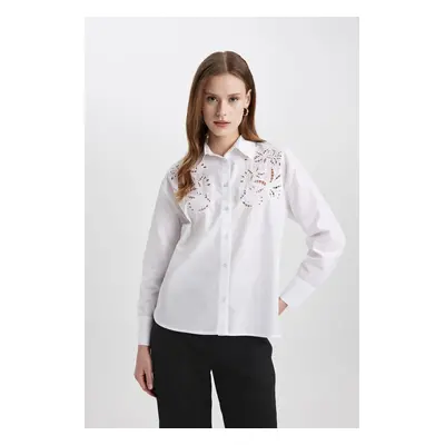 DEFACTO Oversize Fit Perforated Poplin Long Sleeve White Shirt