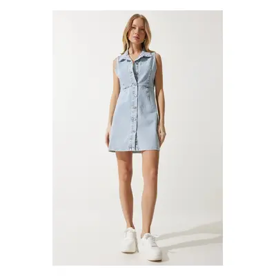 Happiness İstanbul Women's Ice Blue Sleeveless Mini Denim Dress