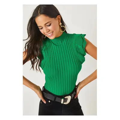 Olalook Grass Green Butterfly Sleeve Summer Knitwear Blouse