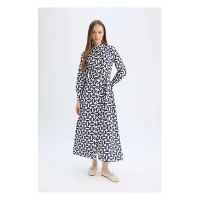 DEFACTO Shirt Collar Patterned Buttoned Belted Long Sleeve Maxi Dress