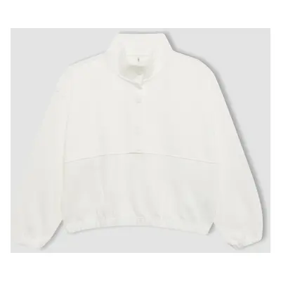 DEFACTO Girl Oversize Wide Pattern Polo Collar Buttoned Sweatshirt