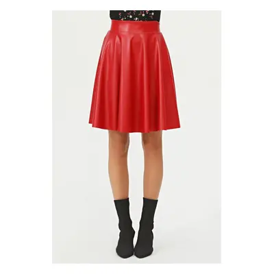 88854 Dewberry Flared Faux Leather Skirt-RED