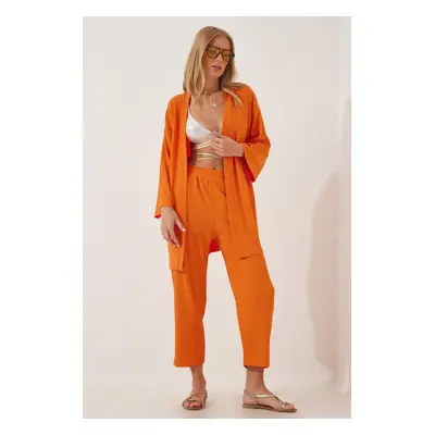 Happiness İstanbul Women's Orange Kimono Pants Knitted Set