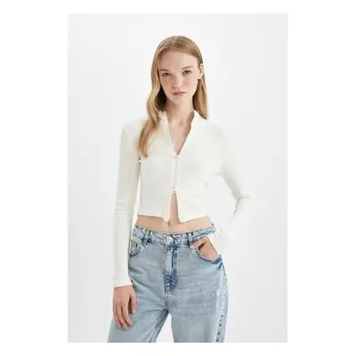 DEFACTO Fitted Stand Collar Basic Plain Zippered Ribbed Camisole Crop White Cardigan