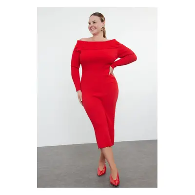 Trendyol Curve Red Ribbed Carmen Collar Rose Detailed Knitwear Dress