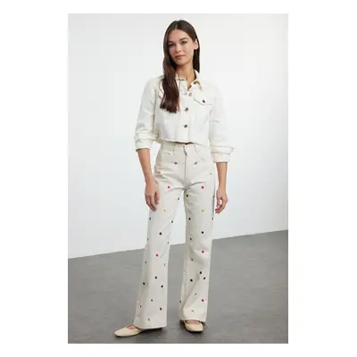 Trendyol Ecru Embroidered High Waist Wide Leg Trousers