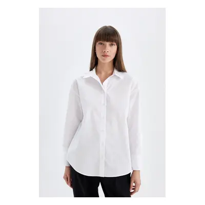 DEFACTO Oversize Wide Pattern Poplin Long Sleeve Basic Plain White Shirt