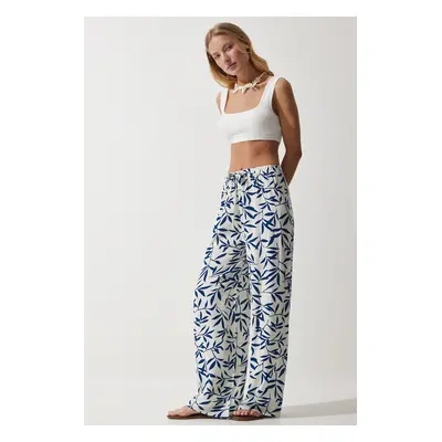 Happiness İstanbul Women's White Navy Blue Patterned Flowing Viscose Palazzo Trousers