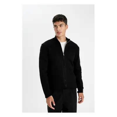 DEFACTO Black Standard Fit Regular Cut Stand Collar Zippered Knitwear Cardigan