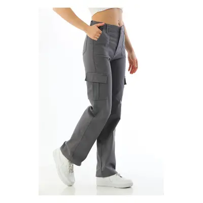 12128 Dewberry High Waist Wide Leg Cargo Pocket Trousers-GREY