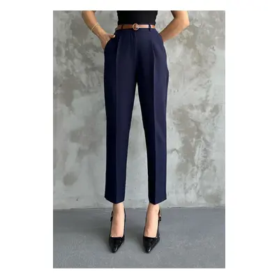 67537 Dewberry Skinny Leg Belted Women Trousers-NAVY