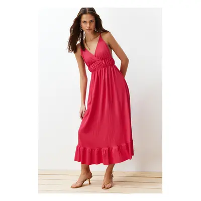 Trendyol Fuchsia Plain Gathered Maxi Skirt Ruffle V Neck Strappy Maxi Ribbed Flexible Knit Dress