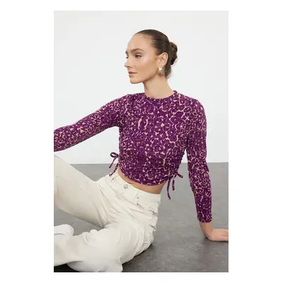 Trendyol Pink Printed Fitted Gather/Drape Detailed Stretchy Knitted Blouse