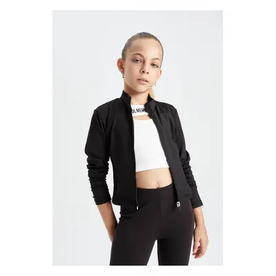 DEFACTO Girl Basic Plain Zipper Pocket Stand Collar Black Cardigan