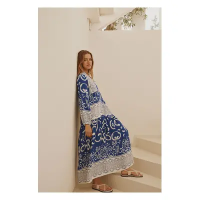 Trendyol Blue Shawl Patterned Button Detailed Woven Dress