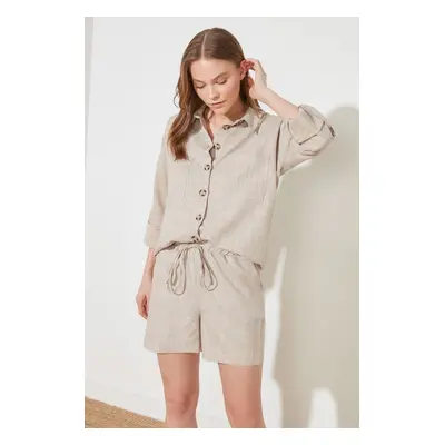 Trendyol Stone Waist Adjustment Linen Look Woven Shorts