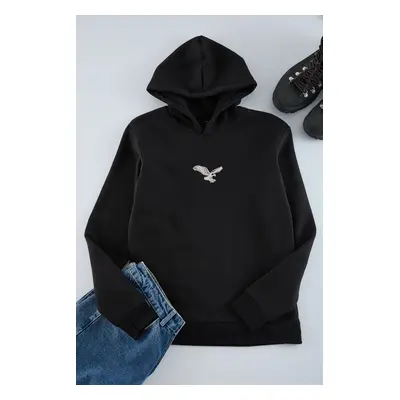 Trendyol Black Regular/Normal Cut Animal Embroidered Polar Fleece Hooded Sweatshirt