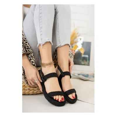 Fox Shoes Black Rope Drawstring Straw Women Sandals