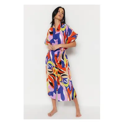 Trendyol Maxi Kimono a Kaftan s abstraktním vzorem, tkaný ze 100% bavlny