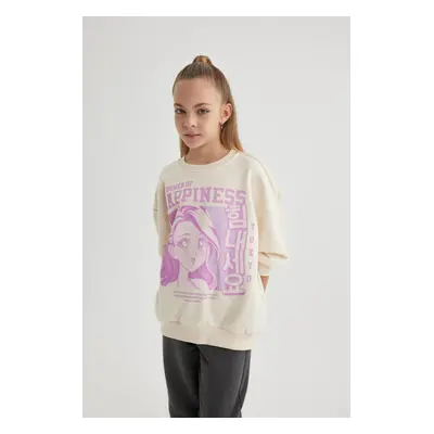 DEFACTO Girl&#39;s Relax Fit Crew Neck Printed Sweatshirt