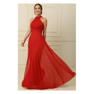 By Saygı Halter Neck Lined Long Tulle Dress