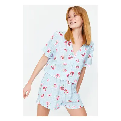 Trendyol Light Blue Floral Ruffle Viscose Woven Pajama Set