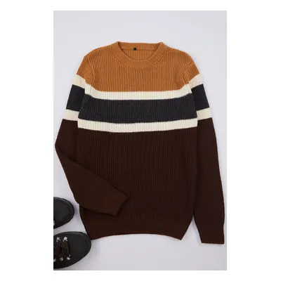 Trendyol Camel Men's Slim Fit Wool Crew Neck Panelled Color Block Knitwear Sweater