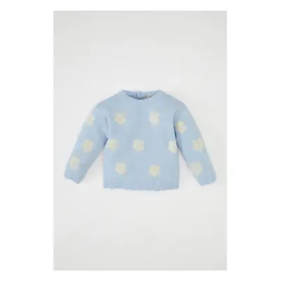 DEFACTO Baby Girl Blue Crew Neck Floral Knitwear Sweater