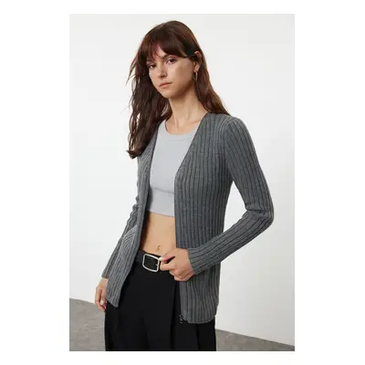 Trendyol Anthracite Basic Zippered Ribbed Knitwear Cardigan