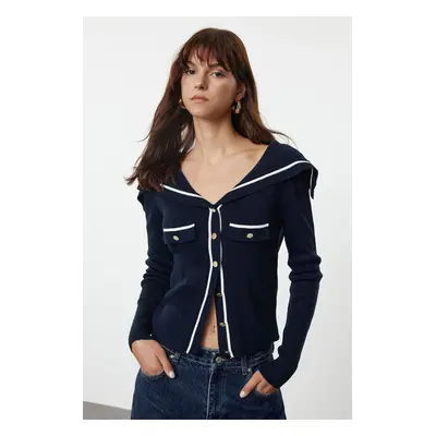 Trendyol Navy Blue Color Block Turn-down Collar Knitwear Cardigan