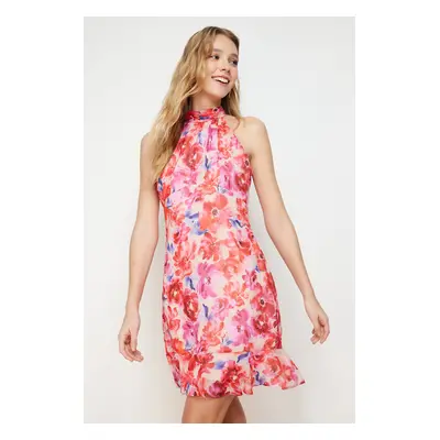 Trendyol Red Floral Print Straight Cut Halter Neck Mini Lined Chiffon Woven Dress