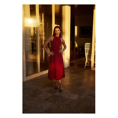 Trendyol Limited Edition Burgundy Backless Halter Neck Midi Woven Dress