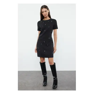 Trendyol Black Shift/Plain Pattern Stone Embroidered Mini Woven Dress