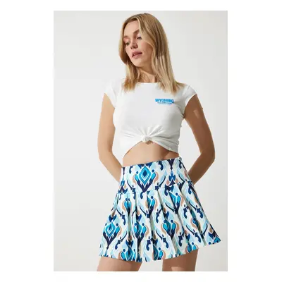 Happiness İstanbul Woman's Blue Ecru Mini Woven Skirt