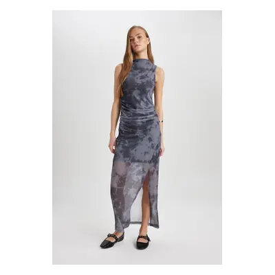 DEFACTO Bodycon High Neck Slit Tie Dye Tulle Sleeveless Maxi Dress