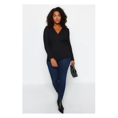 Trendyol Curve Black Double Breasted V Neck Crepe Knit Plus Size Blouse