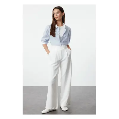 Trendyol White Waist Detailed Straight Cut Woven Fabric Trousers