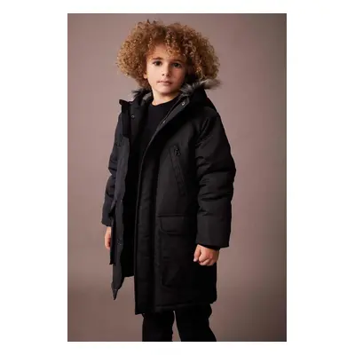 DEFACTO Boy&#39;s Hooded Water Repellent Plush Lining Long Coat