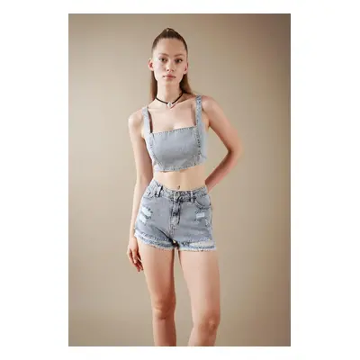 DEFACTO Crop Square Neck 100% Cotton Jean Blouse