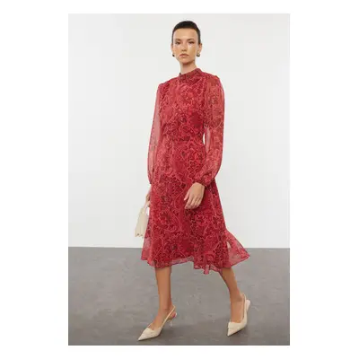 Trendyol Red Patterned Flounce Midi Woven Winter Dress