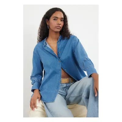 Trendyol Blue Button Detailed Oversize Denim Shirt