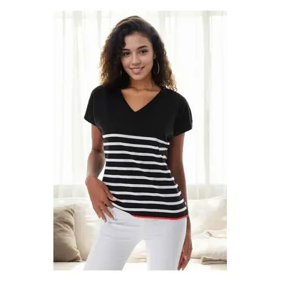 92125 Dewberry Striped Marine Short Sleeve Knitwear T-shirt-BLACK