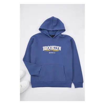 Trendyol Indigo Unisex Oversize/Wide Cut City Printed Fleece Inside Hooded Sweatshirt