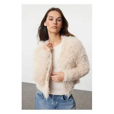 Trendyol Stone Soft Textured Furry Coat Look Knitwear Cardigan