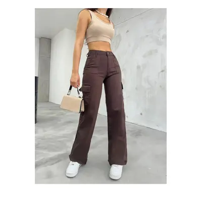 12128 Dewberry High Waist Wide Leg Cargo Pocket Trousers-KAHVE